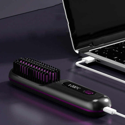 White Wireless Hair Straightening Brush - Compact and Rechargeable Styling Tool.