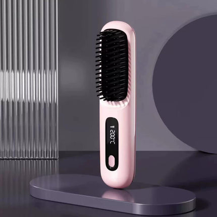 Pink Wireless Hair Straightening Brush - Compact and Rechargeable Styling Tool.