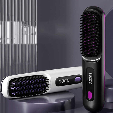 Pink Wireless Hair Straightening Brush - Compact and Rechargeable Styling Tool.