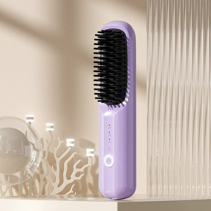 Purple Rechargeable Wireless Hair Straightening Brush - Sleek and Portable Styling Tool.