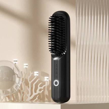 Black Rechargeable Wireless Hair Straightening Brush - Sleek and Portable Styling Tool.