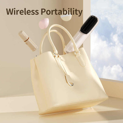 Black Rechargeable Wireless Hair Straightening Brush - Sleek and Portable Styling Tool.