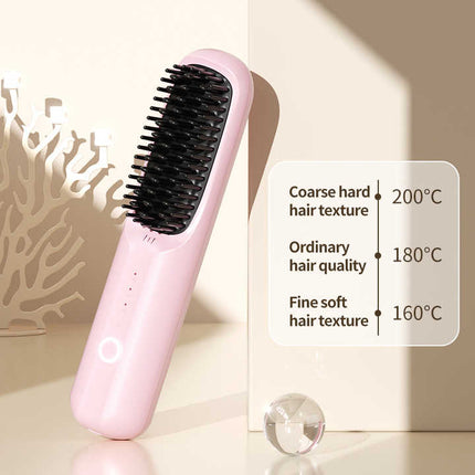 Black Rechargeable Wireless Hair Straightening Brush - Sleek and Portable Styling Tool.
