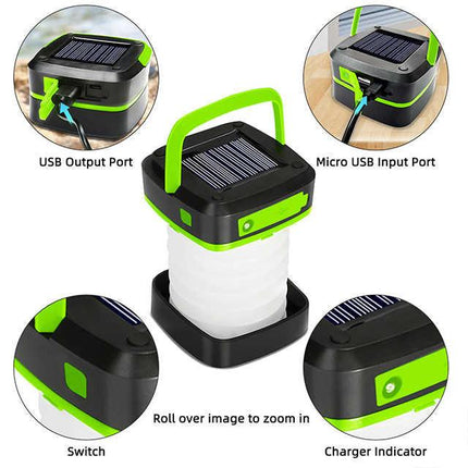 Orange Collapsible Portable Solar LED Camping Lantern with USB Charging.