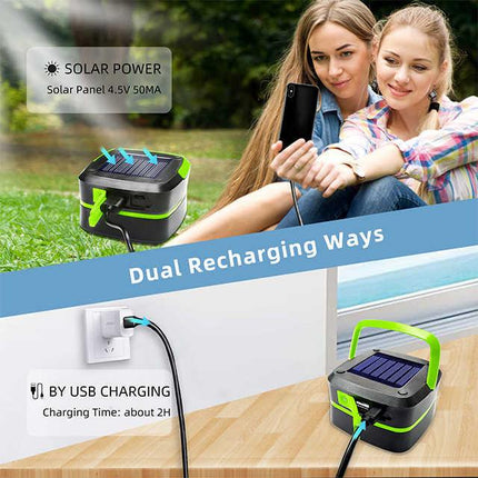 Green Collapsible Portable Solar LED Camping Lantern with USB Charging.