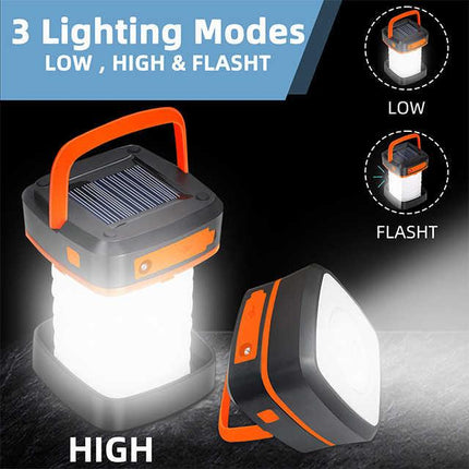 Green Collapsible Portable Solar LED Camping Lantern with USB Charging.
