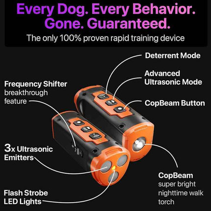 Orange Multifunctional Ultrasonic Dog Repeller & Flashlight - Long-Range SOS Emergency Light.