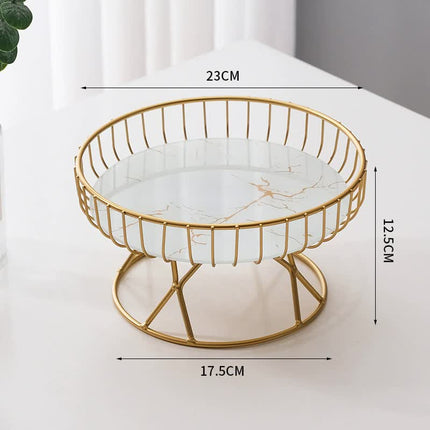 Elegant Iron Art Glass Serving Tray（White Glass) – Round Design with Gold Finish.