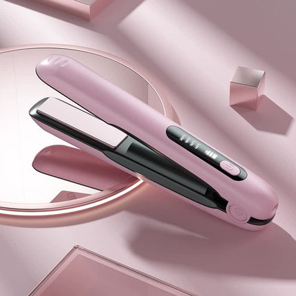 Pink Wireless Rechargeable Hair Straightener with 5000mAh Battery - Portable Design & Adjustable Temperature.