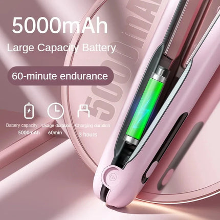Green Wireless Rechargeable Hair Straightener with 5000mAh Battery - Portable Design & Adjustable Temperature.