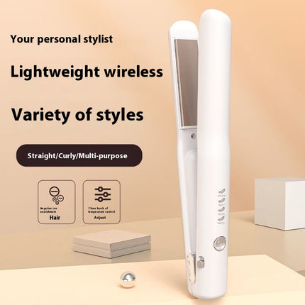 White Portable Wireless Hair Straightener with Adjustable Temperature - USB Type-C Charging, Lightweight Design.