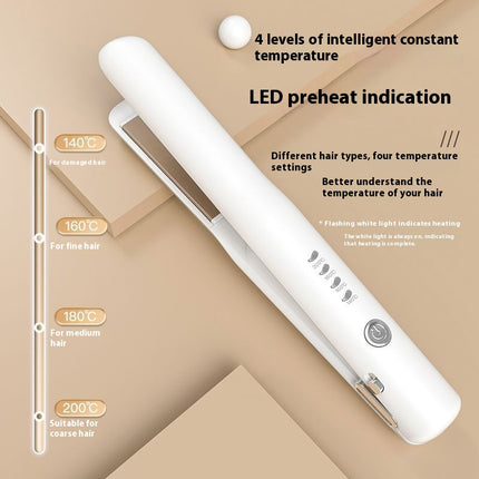 White Portable Wireless Hair Straightener with Adjustable Temperature - USB Type-C Charging, Lightweight Design.