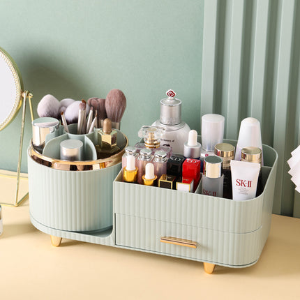 Green Rotating Makeup Organizer Box - Multi-Compartment Cosmetic Storage.