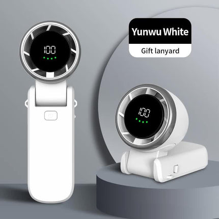 White Portable USB Rechargeable Handheld Fan with Digital Display.