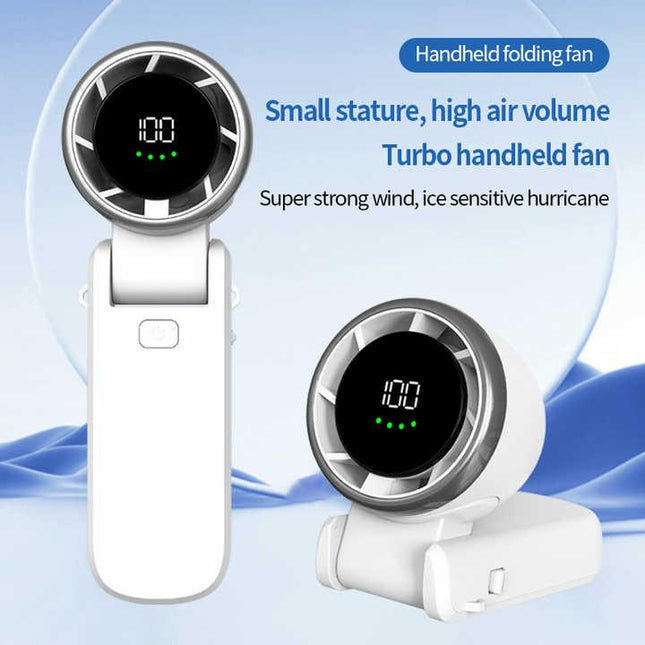 White Portable USB Rechargeable Handheld Fan with Digital Display.