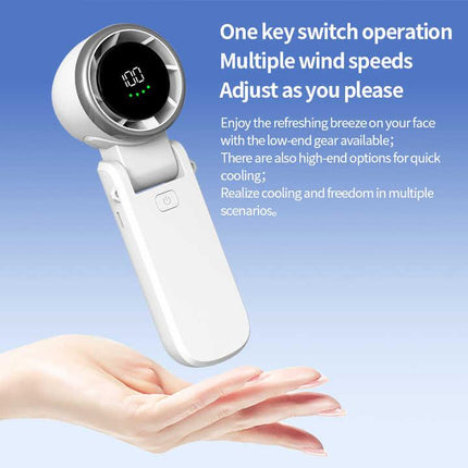 White Portable USB Rechargeable Handheld Fan with Digital Display.