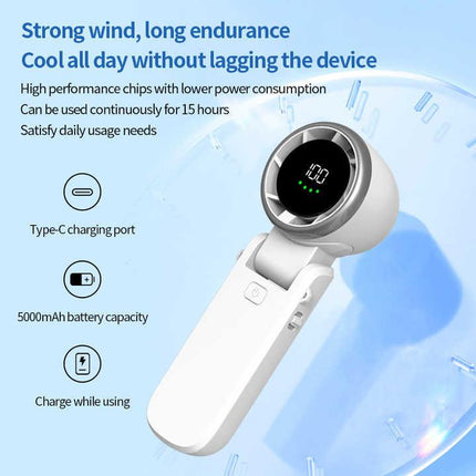 Black Portable USB Rechargeable Handheld Fan with Digital Display.