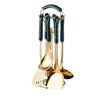 Dark Green Gold Stainless Steel Kitchen Utensil Set - 7-Piece Golden Cooking Tools with Stand.