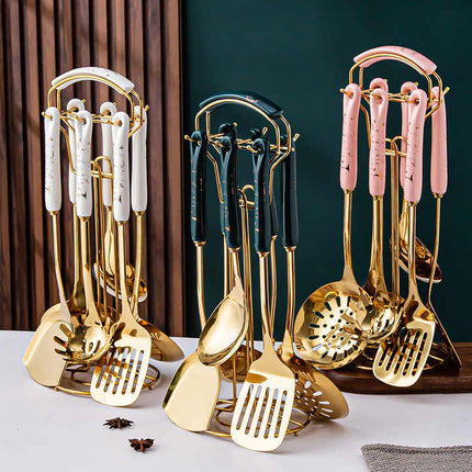 Dark Green Gold Stainless Steel Kitchen Utensil Set - 7-Piece Golden Cooking Tools with Stand.