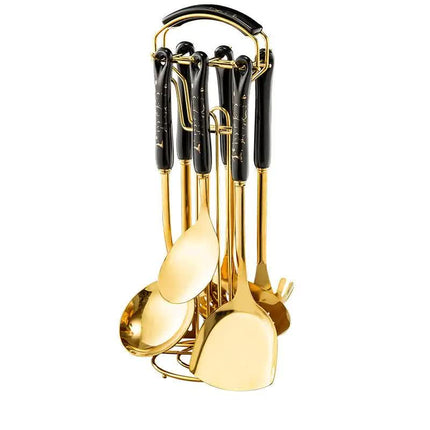 Black Gold Stainless Steel Kitchen Utensil Set - 7-Piece Golden Cooking Tools with Stand.