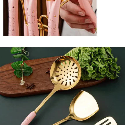 Black Gold Stainless Steel Kitchen Utensil Set - 7-Piece Golden Cooking Tools with Stand.
