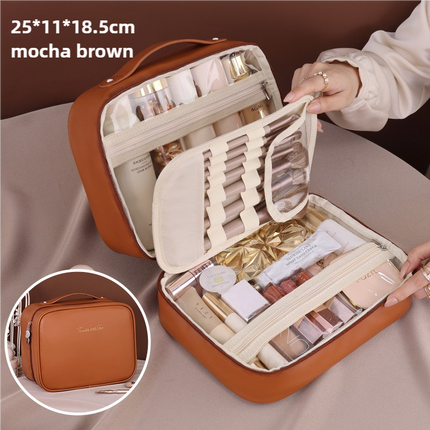 Brown Portable PU Leather Makeup Bag with Detachable Divider - Travel Cosmetic Organizer.
