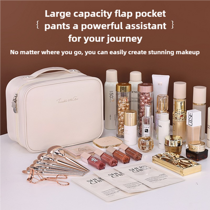 Brown Portable PU Leather Makeup Bag with Detachable Divider - Travel Cosmetic Organizer.