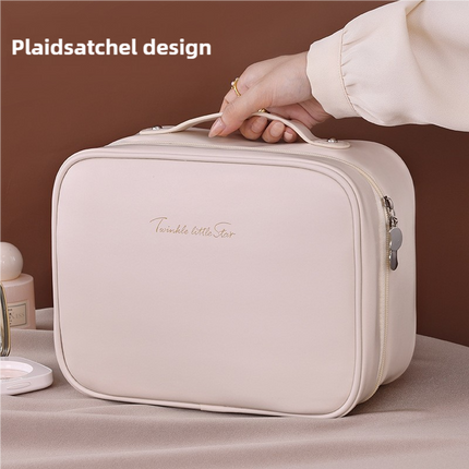 Brown Portable PU Leather Makeup Bag with Detachable Divider - Travel Cosmetic Organizer.