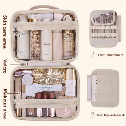 Brown Portable PU Leather Makeup Bag with Detachable Divider - Travel Cosmetic Organizer.