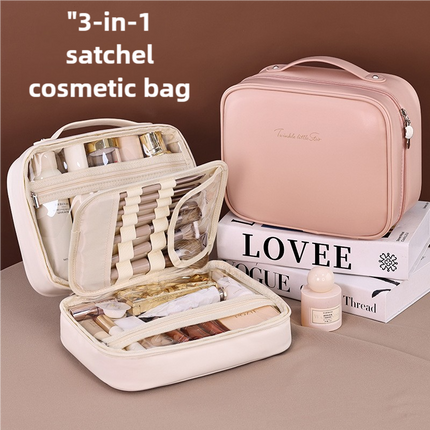 Brown Portable PU Leather Makeup Bag with Detachable Divider - Travel Cosmetic Organizer.