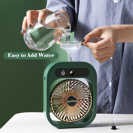 Portable USB Rechargeable Misting Fan – Compact Personal Fan with Cooling Spray - Green Colors.