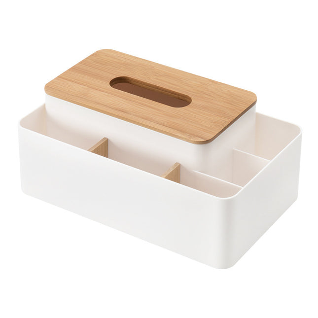 White Multifunctional Tissue Box Organizer - Bamboo Lid with Dividers for Desktop Storage.