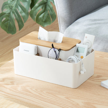 White Multifunctional Tissue Box Organizer - Bamboo Lid with Dividers for Desktop Storage.