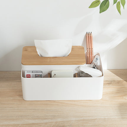 White Multifunctional Tissue Box Organizer - Bamboo Lid with Dividers for Desktop Storage.