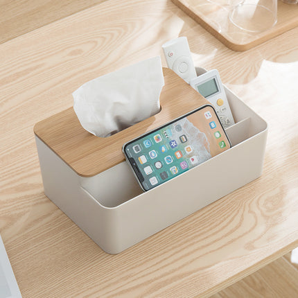 White Multifunctional Tissue Box Organizer - Bamboo Lid with Dividers for Desktop Storage.