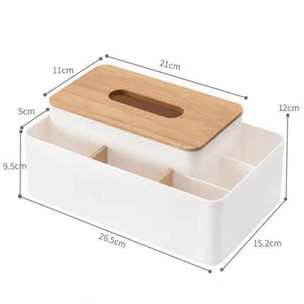 White Multifunctional Tissue Box Organizer - Bamboo Lid with Dividers for Desktop Storage.