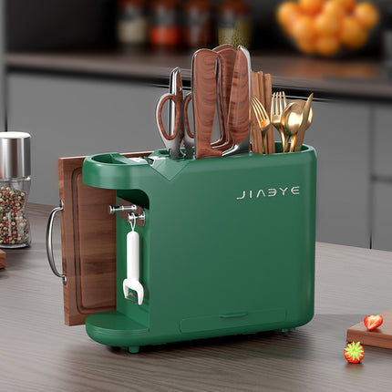 Green Multifunctional Kitchen Knife Rack - Storage Organizer with Built-in Knife Sharpener, for Knives, Chopsticks, Cutting Boards, and Pot Lids.