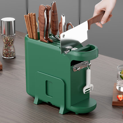 Green Multifunctional Kitchen Knife Rack - Storage Organizer with Built-in Knife Sharpener, for Knives, Chopsticks, Cutting Boards, and Pot Lids.