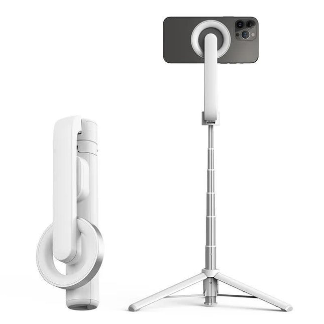 White Multifunctional Foldable Selfie Stick with Tripod Stand & Bluetooth Remote.