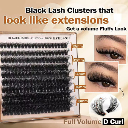 3 PCS DIY Lash Clusters Kit - 100D Fluffy & Thick False Eyelashes with Adhesive and Tools.
