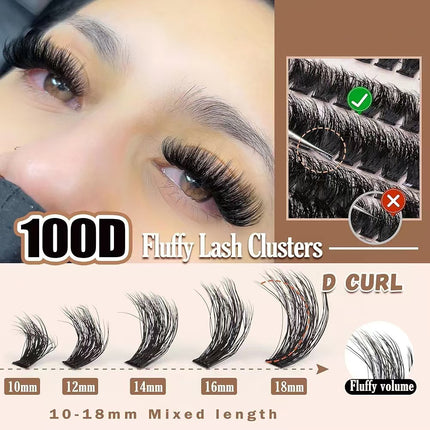 3 PCS DIY Lash Clusters Kit - 100D Fluffy & Thick False Eyelashes with Adhesive and Tools.