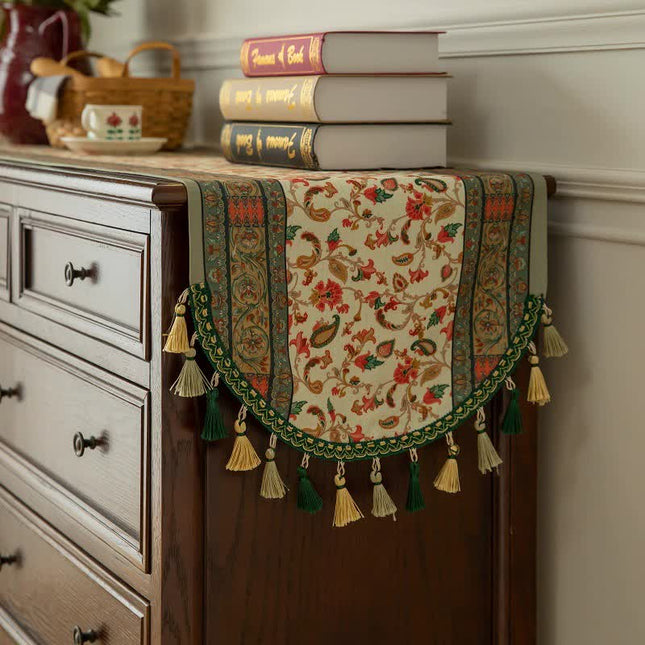 Green Vintage Bohemian Tassel Table Runner - 40x180cm Decorative Linen.