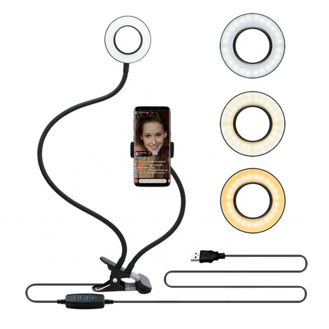 Flexible LED Ring Light with Phone Holder - Adjustable Brightness & Clip Base.