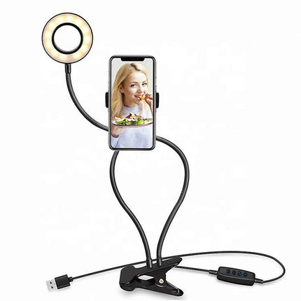 Flexible LED Ring Light with Phone Holder - Adjustable Brightness & Clip Base.