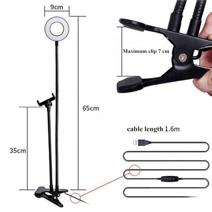 Flexible LED Ring Light with Phone Holder - Adjustable Brightness & Clip Base.
