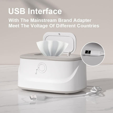 White USB-Powered Baby Wet Wipes Warmer - Portable and Adjustable Heating.