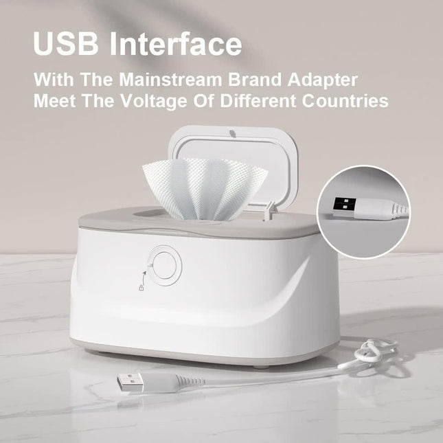 Grey USB-Powered Baby Wet Wipes Warmer - Portable and Adjustable Heating.