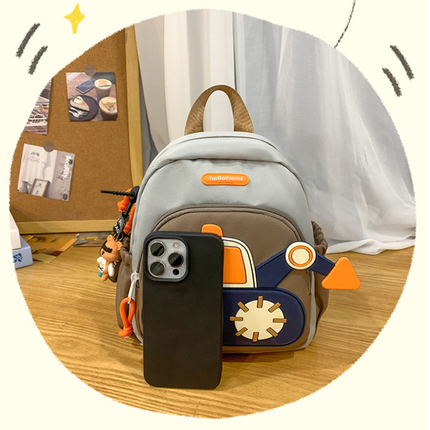 Blue-yellow Kids' Cartoon Backpack - Adorable Excavator Design with Spacious Compartments.