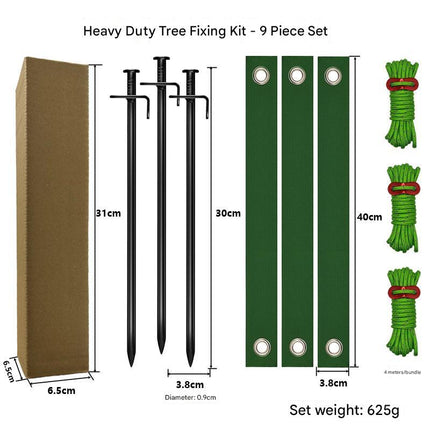 Black Spike Heavy-Duty Tree Anchoring Kit - 9-Piece Set with Ground Stakes, Straps, and Ropes.