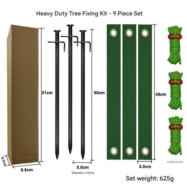 Black Spike Heavy-Duty Tree Anchoring Kit - 9-Piece Set with Ground Stakes, Straps, and Ropes.